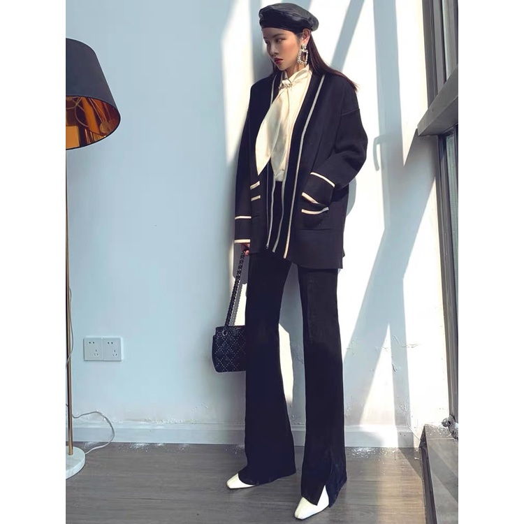 MS526 Áo khoác cardigan len phối viền màu 2 túi
