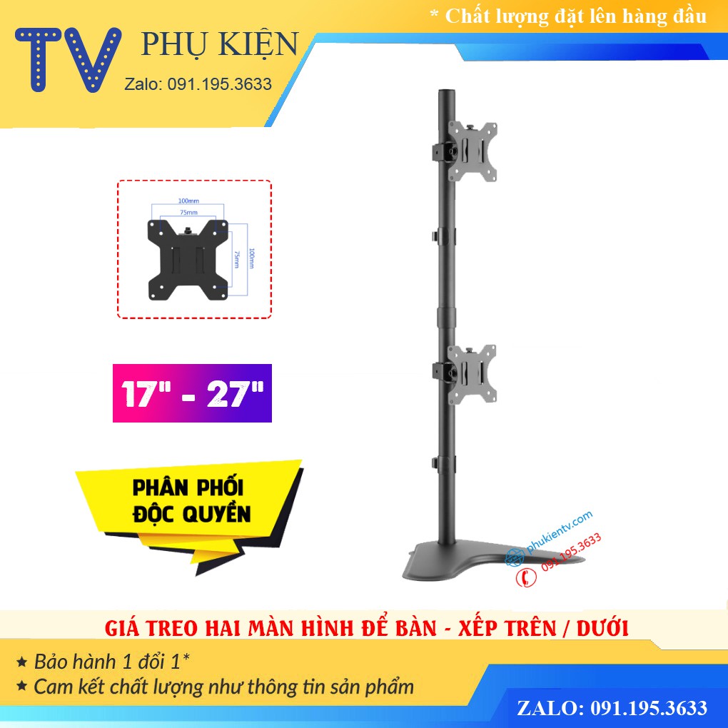 [Xếp Màn Trên / Dưới] Giá Treo Hai Màn Hình Máy Tính 17 - 27 Inch Đặt Bàn - Tay Đỡ Màn Hình Xoay 360 Độ - Model: XGZ-02