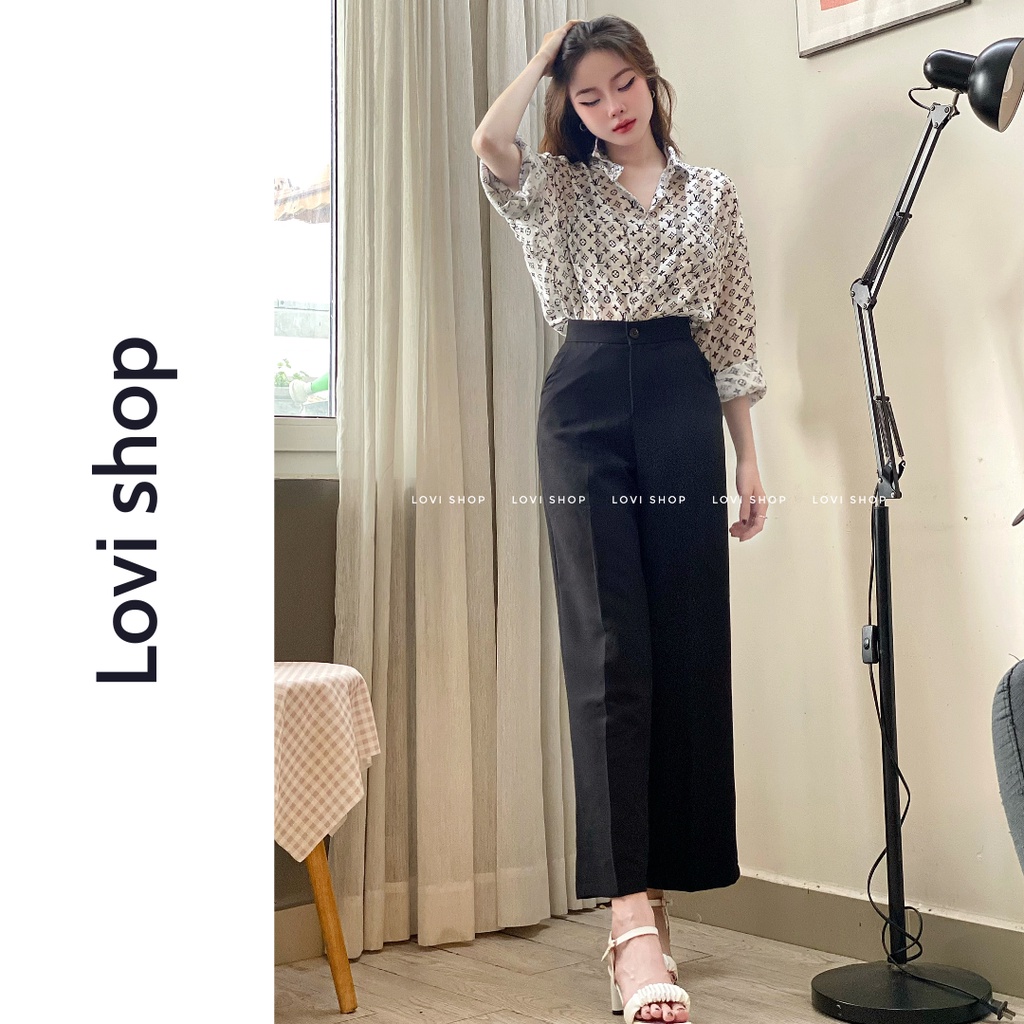Quần culottes ống rộng nút lưng cao chất dày mịn Lovi