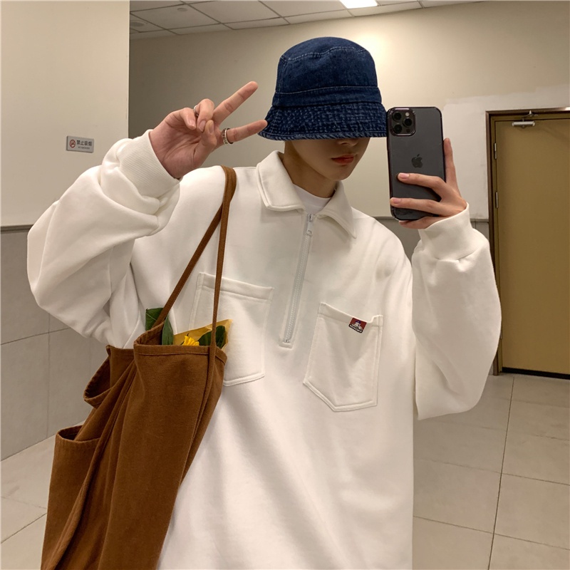 Áo sweater tay dài dáng rộng cổ polo phối khóa kéo nửa thời trang retro cá tính cho nam