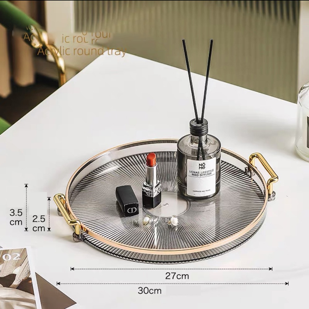 Khay đựng đồ hình tròn có tay cầm viền vàng sang trọng chất liệu nhựa Acrylic cao cấp - VS328