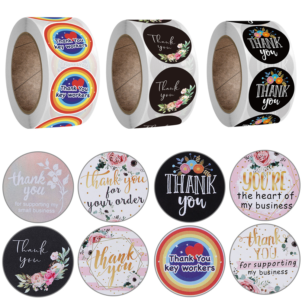 LONTIME /500pcs DIY Thank You Stickers Wedding Decor Gift Paper Sticker Flower labels Gift Packaging Sticker roll Package Label Round label Thank You Sealing Craft Self Adhesive