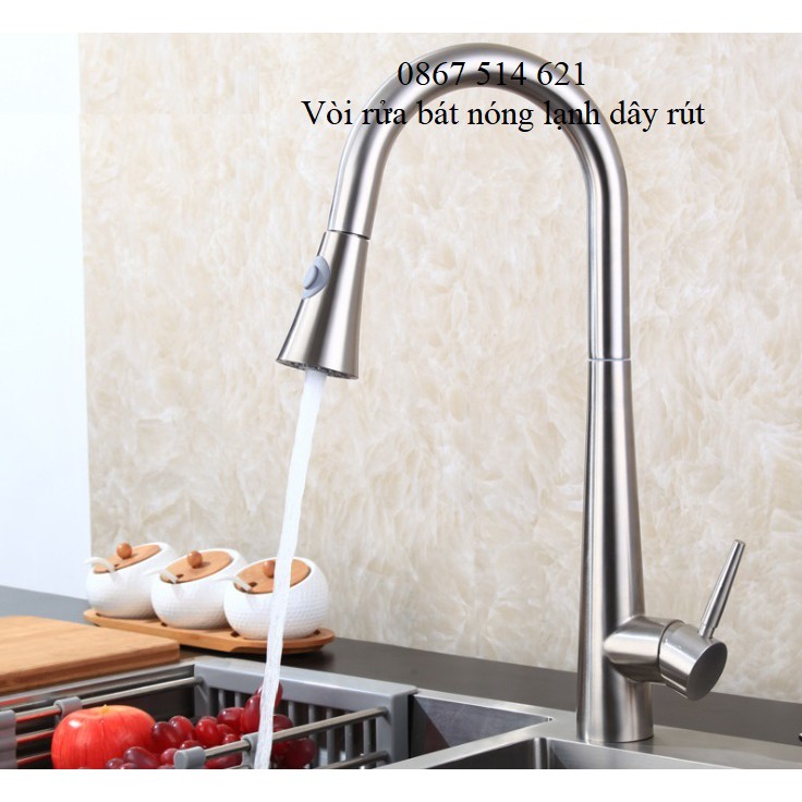 Vòi rửa chén bát thông minh, nóng lạnh dây rút bóng inox 304 - KMISU THIẾT BỊ VỆ SINH