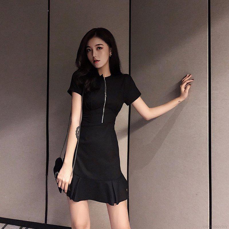 Đầm tay ngắn lưng cao phối khoá kéo màu trơn thanh lịch