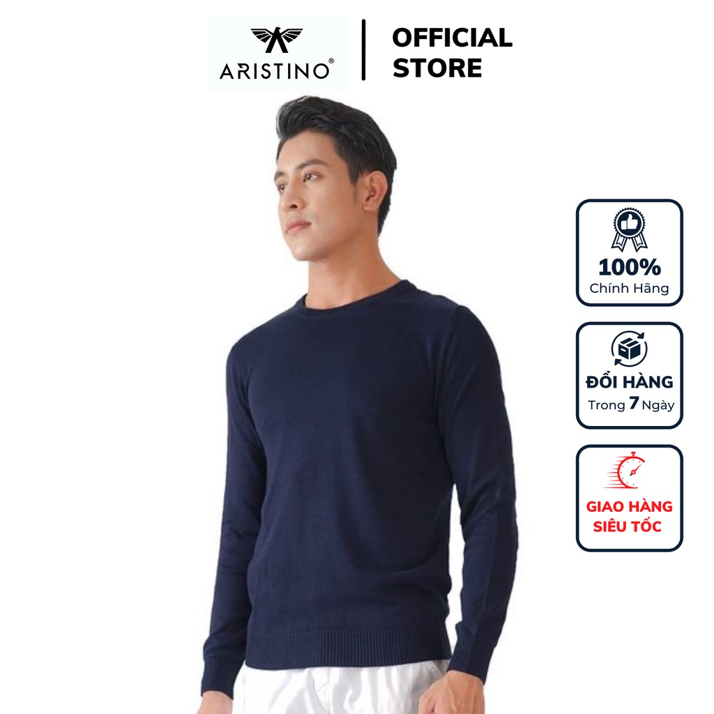 Áo len nam basic Aristino màu xanh tím than 109M cổ tròn bo tay bo gấu áo dáng slim fit chất acrylic chính hãng AWO001W8