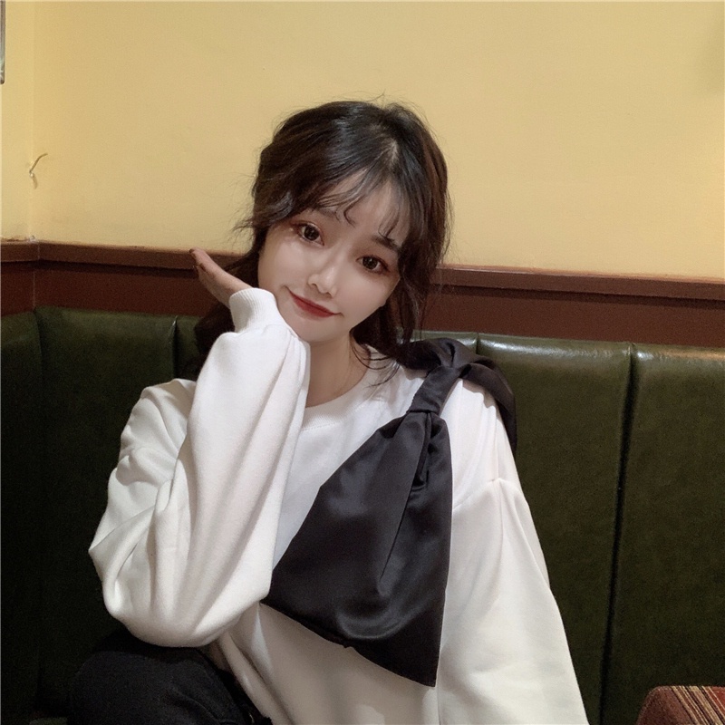 ZHELIHANGFEI Áo Thun Sweater Tay Dài Dáng Rộng Đính Nơ Dễ Thương