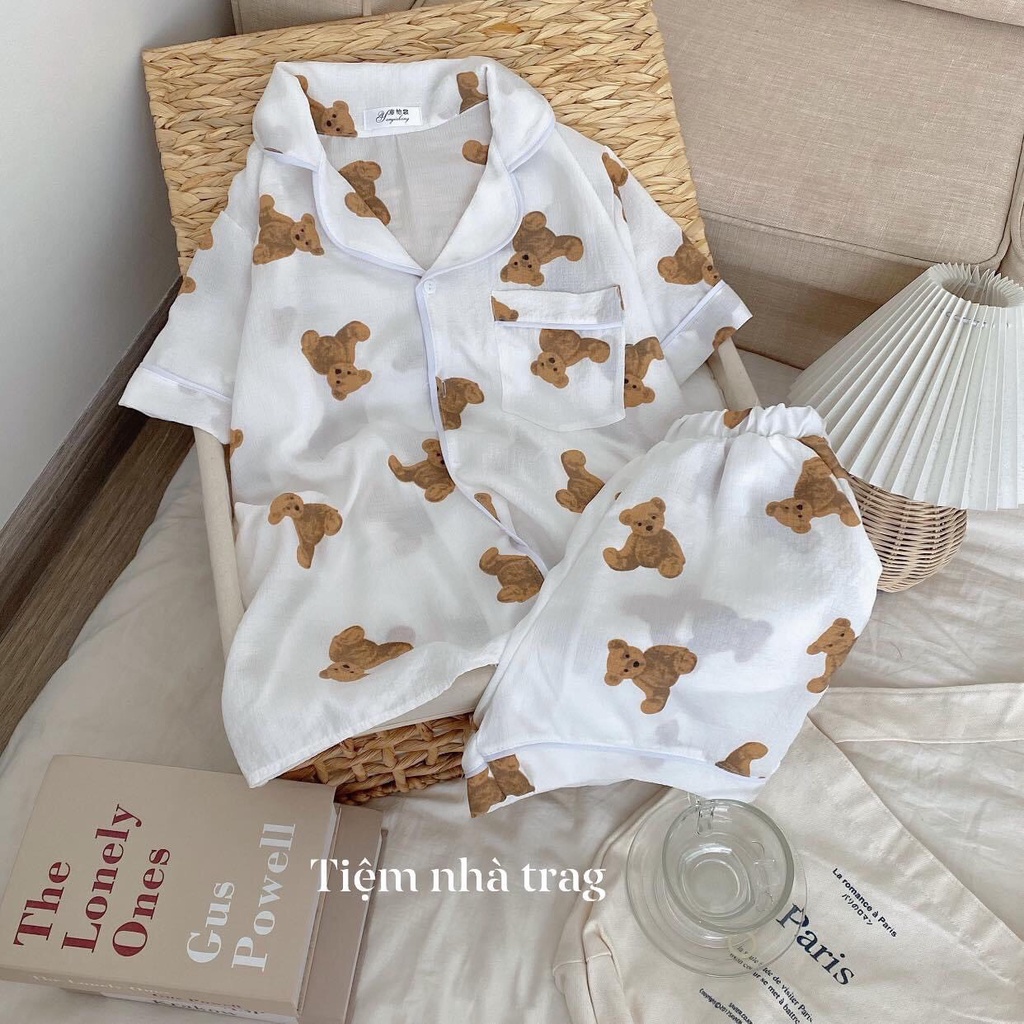 Bộ Pijama Đũi Lụa Nữ MEESTORE - Set Đồ Ngủ Cộc Tay Form Rộng In Hình Gấu, Mặc Nhà Bánh Bèo Cá Tính