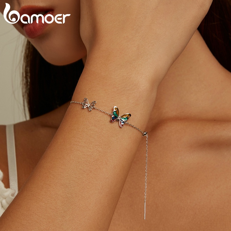 Vòng tay BAMOER SCB228 bạc 925 20cm mặt hình bươm bướm nhiều màu sắc thời trang cho nữ