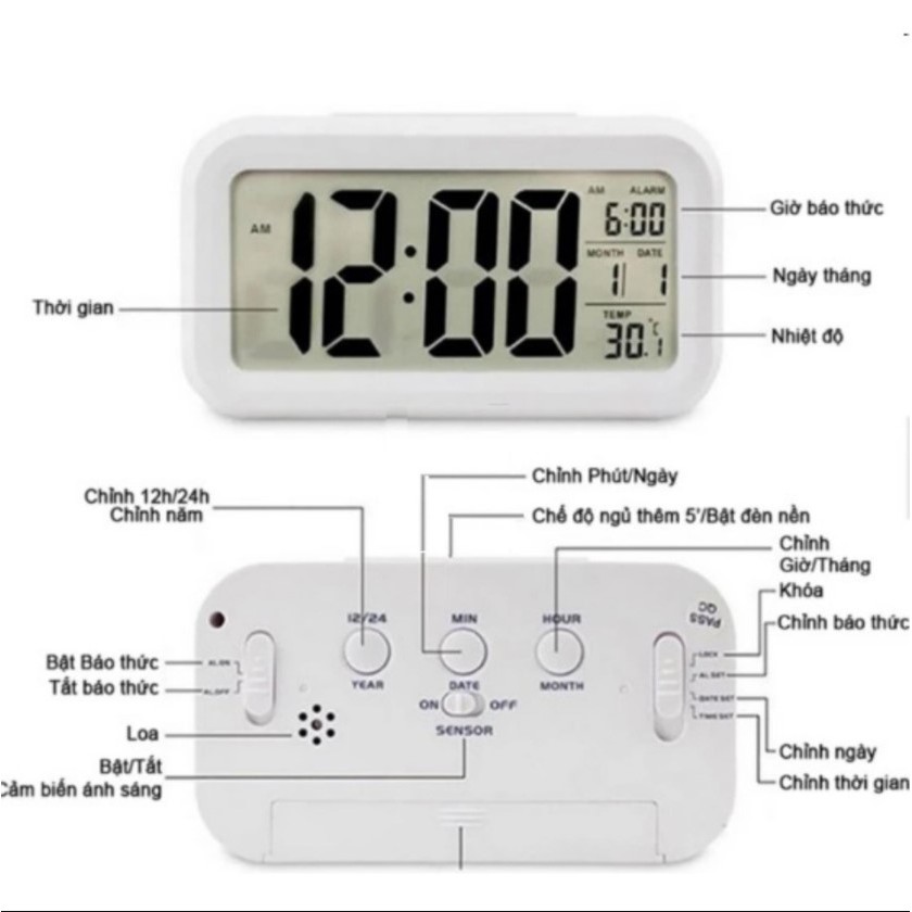 Đồng hồ để bàn màn hình LED. Đa năng: Báo thức Lịch Nhiệt độ. Đồng hồ điện tử LCD