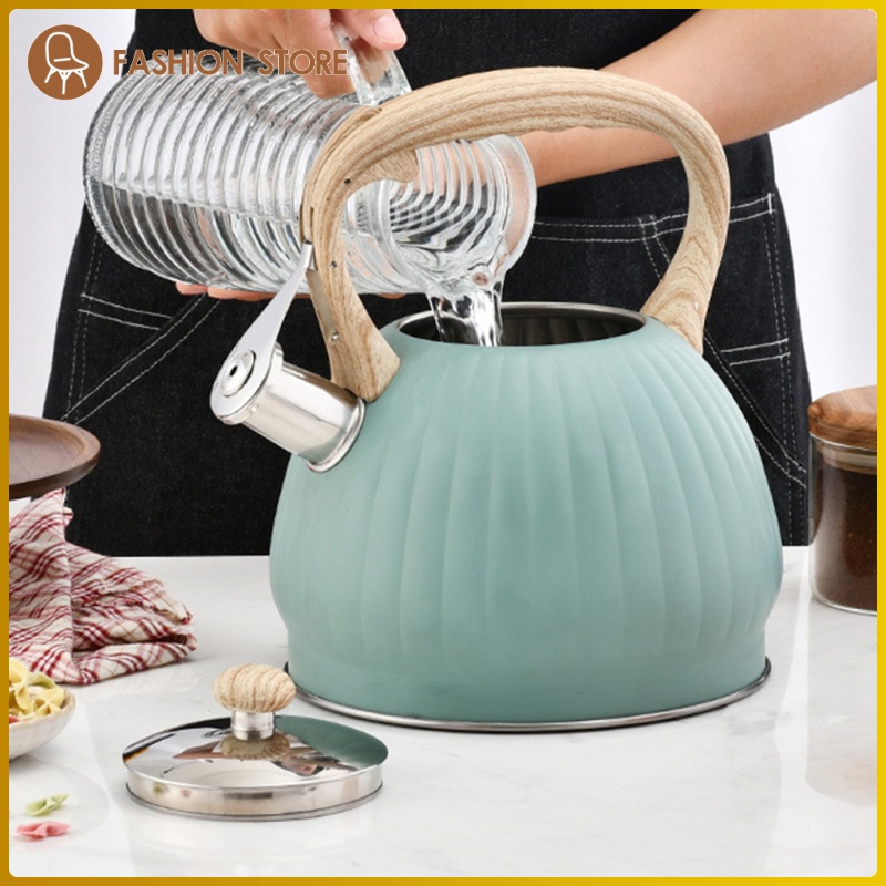 3.5L Green Whistling Tea Kettle Tea Pot Water Kettle Wood Pattern Handle
