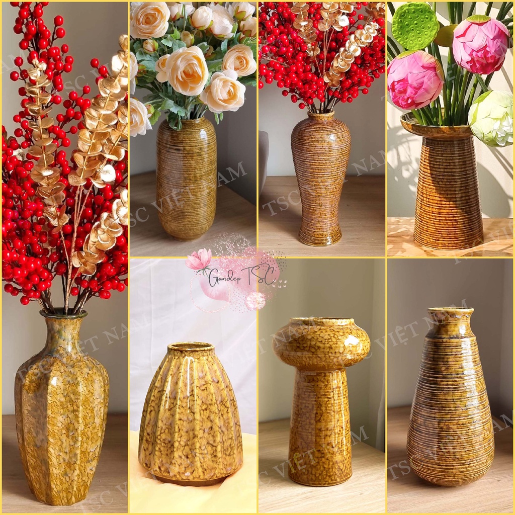 Bình bông Bát Tràng cắm hoa men gấm vàng sang trọng - Lọ gốm sứ decor trang trí phòng khách đẹp