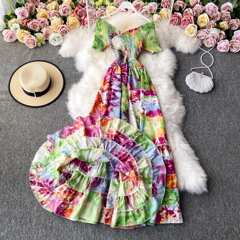 Đầm Maxi Đi Biển Váy Họa Tiết Loang Trễ Vai Độc Đáo Cho Mùa Du Lịch