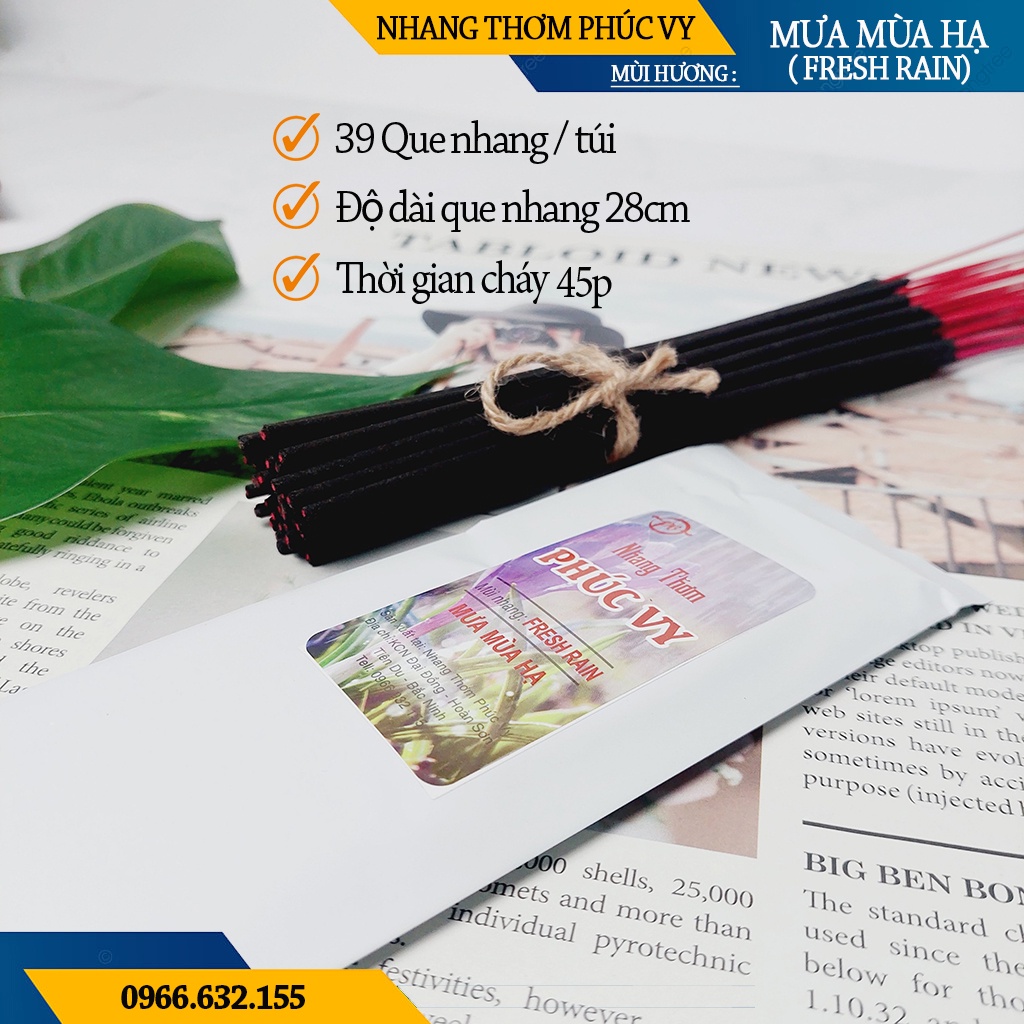 Nhang Thơm Phúc Vy Hương Mưa Mùa Hạ Fresh Rain - Túi 39 Cây 28cm, Ít Khói, Thơm Nhẹ, Dễ Chịu, Không kích mũi