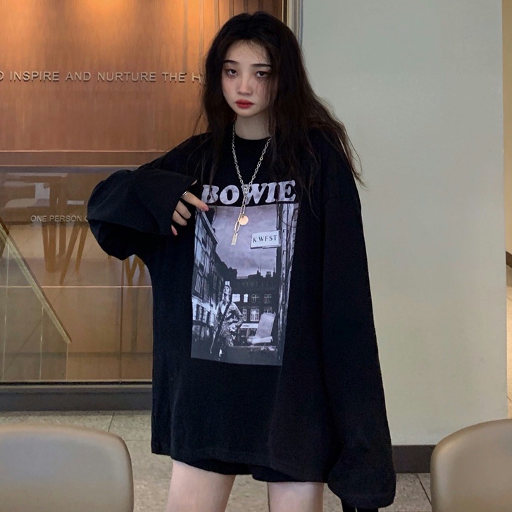 Áo thun tay dài dáng rộng in họa tiết phong cách mùa thu Hàn Quốc sành điệu cho nữ