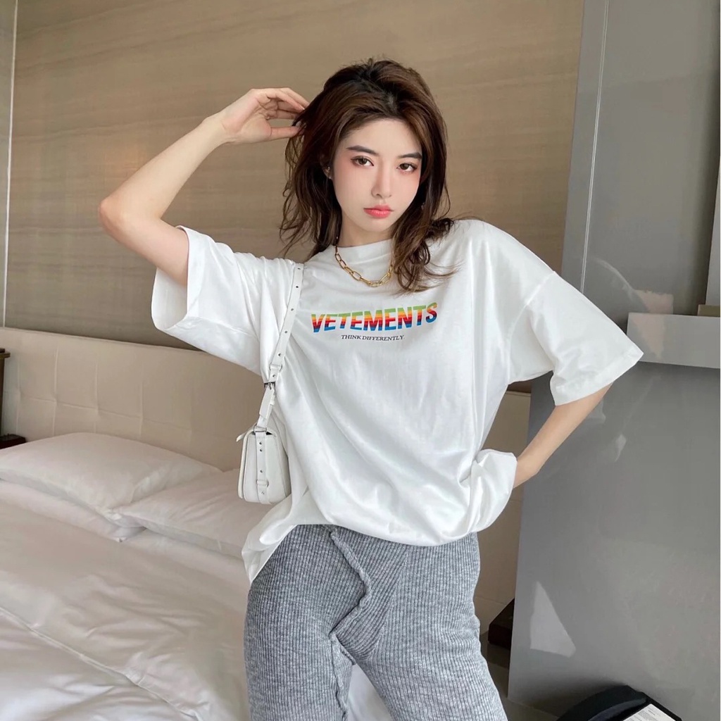 VETEMENTS Rainbow gradient letter print short-sleeved oversize cotton crew neck couple T-shirt