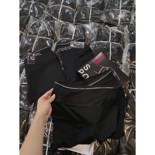 Quần legging nữ kèm hộp dáng ôm body, cạp cao vạt chéo phối viền, chất siêu co giãn