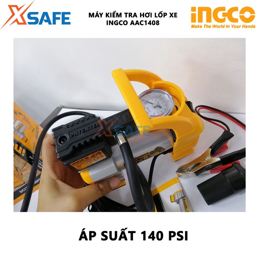 Máy bơm hơi lốp xe ôtô INGCO AAC1408 công suất nguồn DC 12V, áp suất tối đa 140psi kèm đèn led, dây nguồn 3m, 4 vòi phun