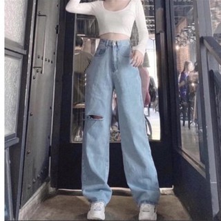 Quần Ống Rộng BigSize Xanh Nhạt Rách Gối Ngang - Jean Ống Xuông Lưng Cao Size (30-35)