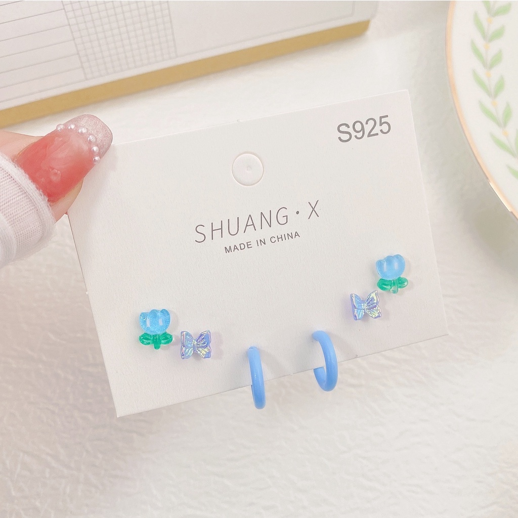 Set khuyên tai AY mạ bạc S925 thiết kế tulip hoa bướm đá pha lê nhân tạo nhiều màu sắc tùy chọn thời trang cho nữ