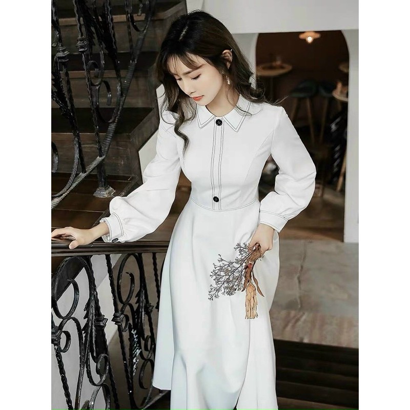 Đầm maxi trắng phối viền dài tay hàng loại 1 (ảnh thật trãi sàn) | BigBuy360 - bigbuy360.vn