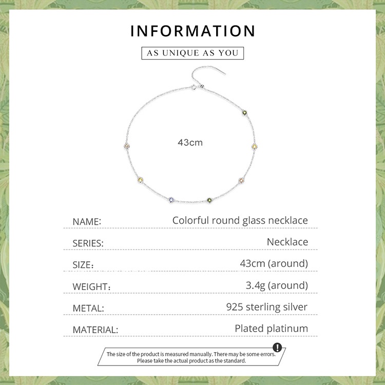Dây chuyền BAMOER bạc 925 mặt thủy tinh tròn 7 màu sắc có thể điều chỉnh thời trang cho nữ