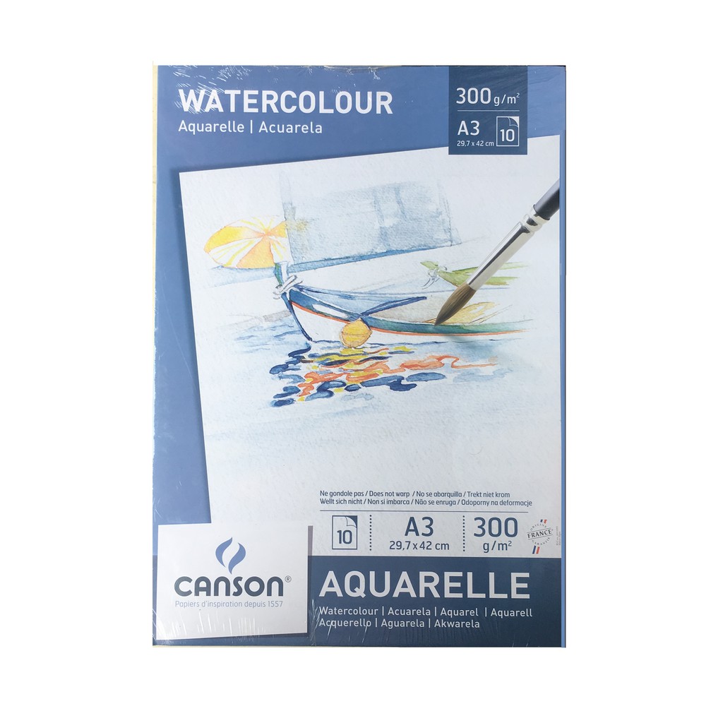 [ HKUK ] Giấy vẽ màu nước Canson Pháp Aquarelle Made in France size A4, A3, 10 tờ định lượng 300g siêu dày vân mịn