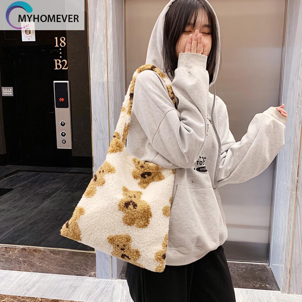 túi Autumn Plush Handbag Bear Print Large Capacity Women nữ nữ Satchel nữ