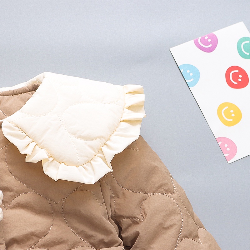 Áo Khoác Cotton Dày Ngắn Cổ Búp Bê Viền Bèo Dễ Thương Giữ Ấm Mùa Đông Cho Bé Gái