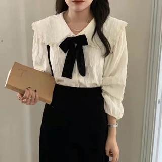 Áo sơ mi cổ bèo ren có nơ - Kèm ảnh thật