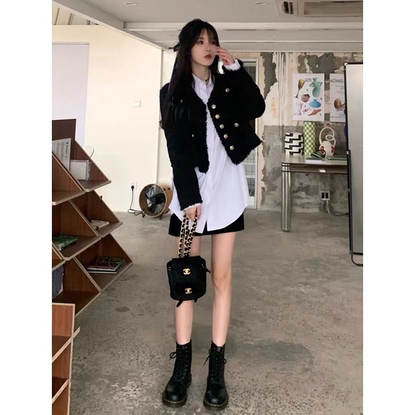 Áo Khoác Tweed Tay Dài Dáng Ngắn Đan Lấp Lánh