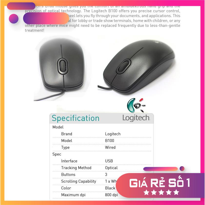 Chuột quang dây Logitech B100 Có Dây Chính Hãng Giá Rẻ Cho Máy Tính Laptop BH 36T ARIGATO