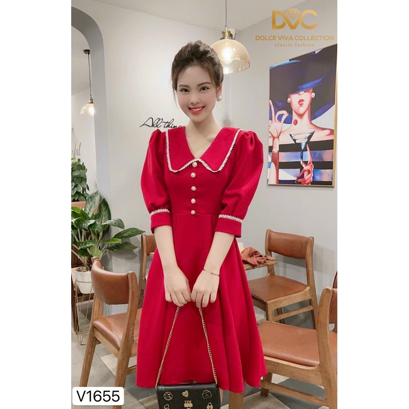 đầm xòe dáng dài cổ bèo, tay ngắn, màu sắc nổi bật trẻ trung