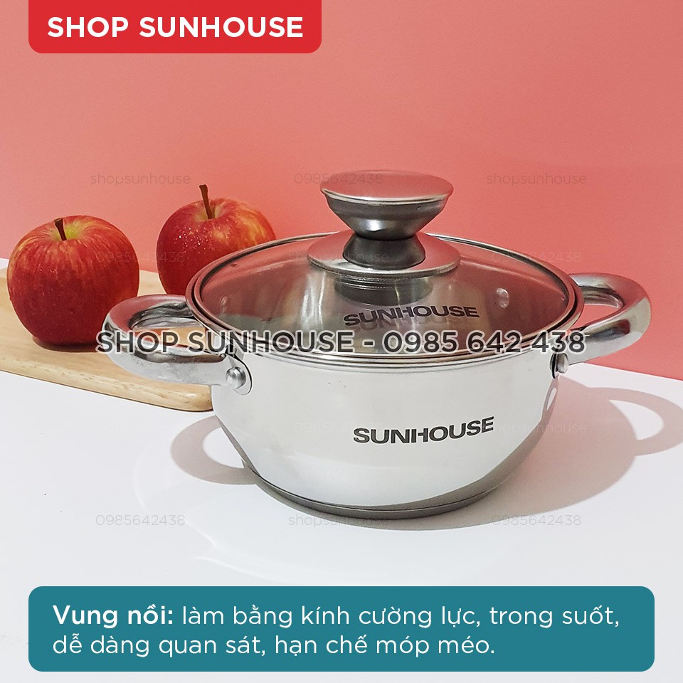 Bộ 2 nồi inox 3 đáy SUNHOUSE size 16+20cm dùng được với bếp từ