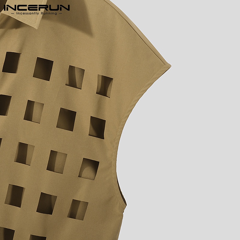 Áo sơ mi INCERUN không tay dáng rộng cổ bẻ thiết kế rỗng thời trang cá tính cho nam