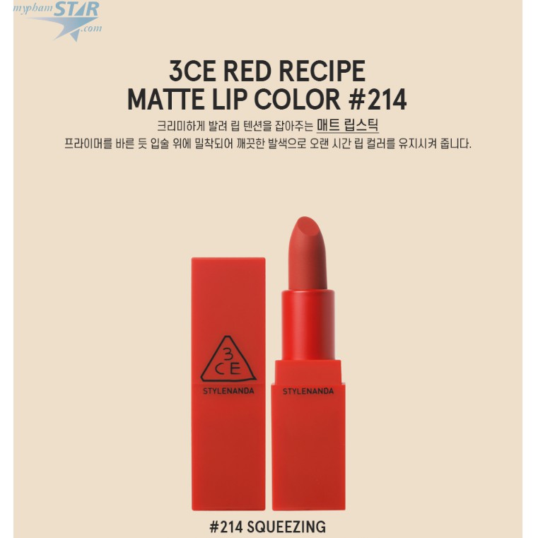 Son Thỏi 3CE Red Recipe Lip Color ❤️FREE SHIP❤️ Thiết kế đỏ nổi bật và thu hút #211 #212 3213 #214 #215