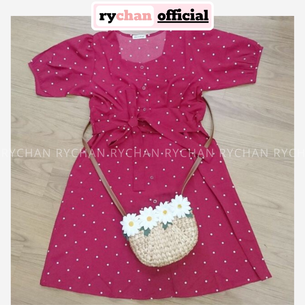 DX640 - Đầm Xòe Chấm Bi Đỏ Tay Phồng