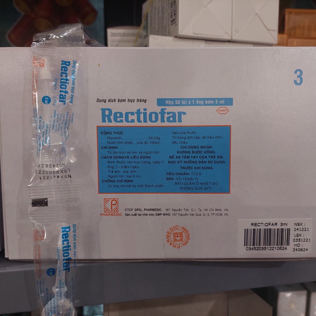 Ống bơm thụt trực tràng hậu môn giảm táo bón rectiofar 5ml và 3ml cho người lớn và trẻ em