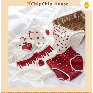 Quần lót nữ cotton họa tiết dâu dễ thương, phối nơ kháng khuẩn khử mùi ChipChiphouse