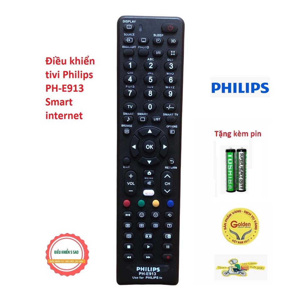 Điều khiển tivi Philips PH-E913 smart internet loại thay thế khiển zin  theo máy - tặng kèm pin