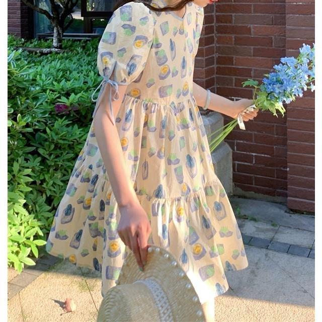 Đầm tay phồng lưng cao in họa tiết xinh xắn dành cho nữ