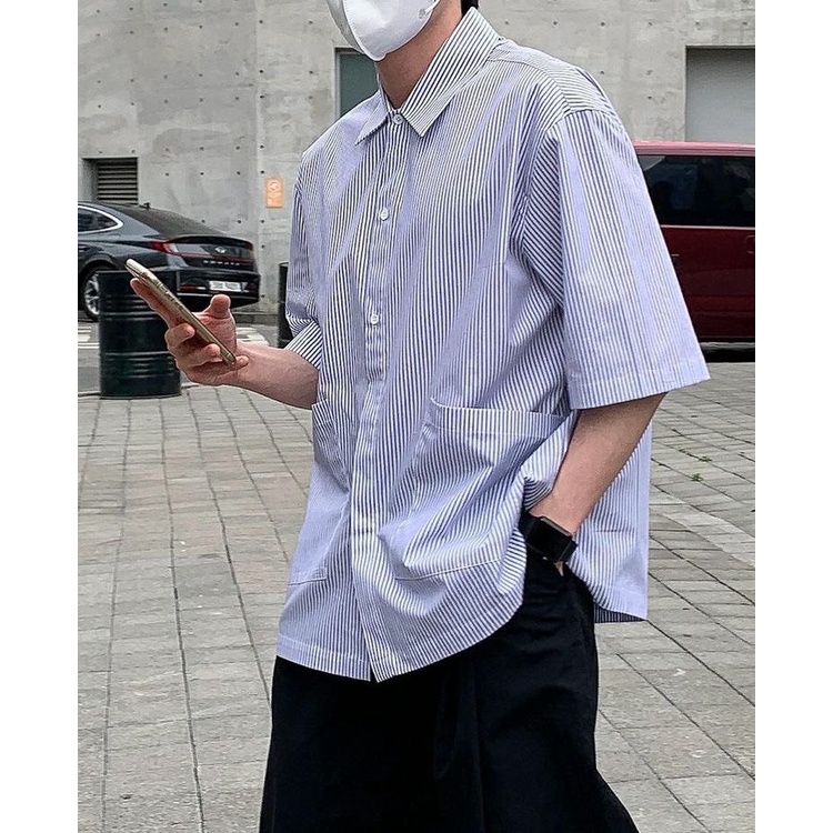 Áo Sơ mi Sọc tay ngắn có túi STRIPES CVC - Giá sỉ Unisex