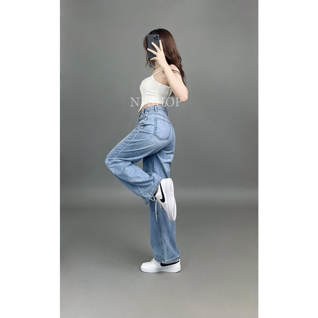 Quần jean nữ ống rộng dài lưng cao, quần bò ống rộng kiểu nút lệch NPQ060