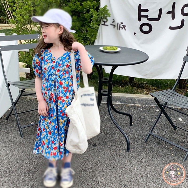 Đầm Công Chúa Tay Ngắn Phồng Cổ Chữ V In Họa Tiết Hoa Phong Cách Hàn Quốc Dành Cho Bé Gái