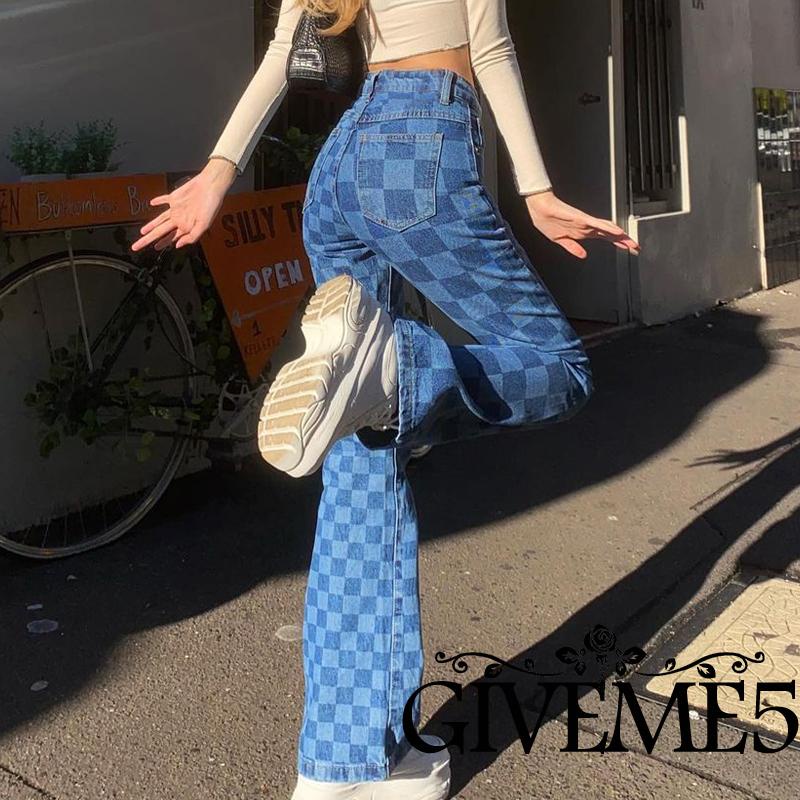 Quần Dài Nữ Ống Rộng Họa Tiết Caro Thời Trang Cá Tính