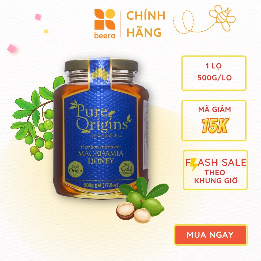 Mật Ong Nguyên Chất Macadamia Pure Origins Beera hỗ trợ giảm đau dạ dày, chống lão hóa (500g)