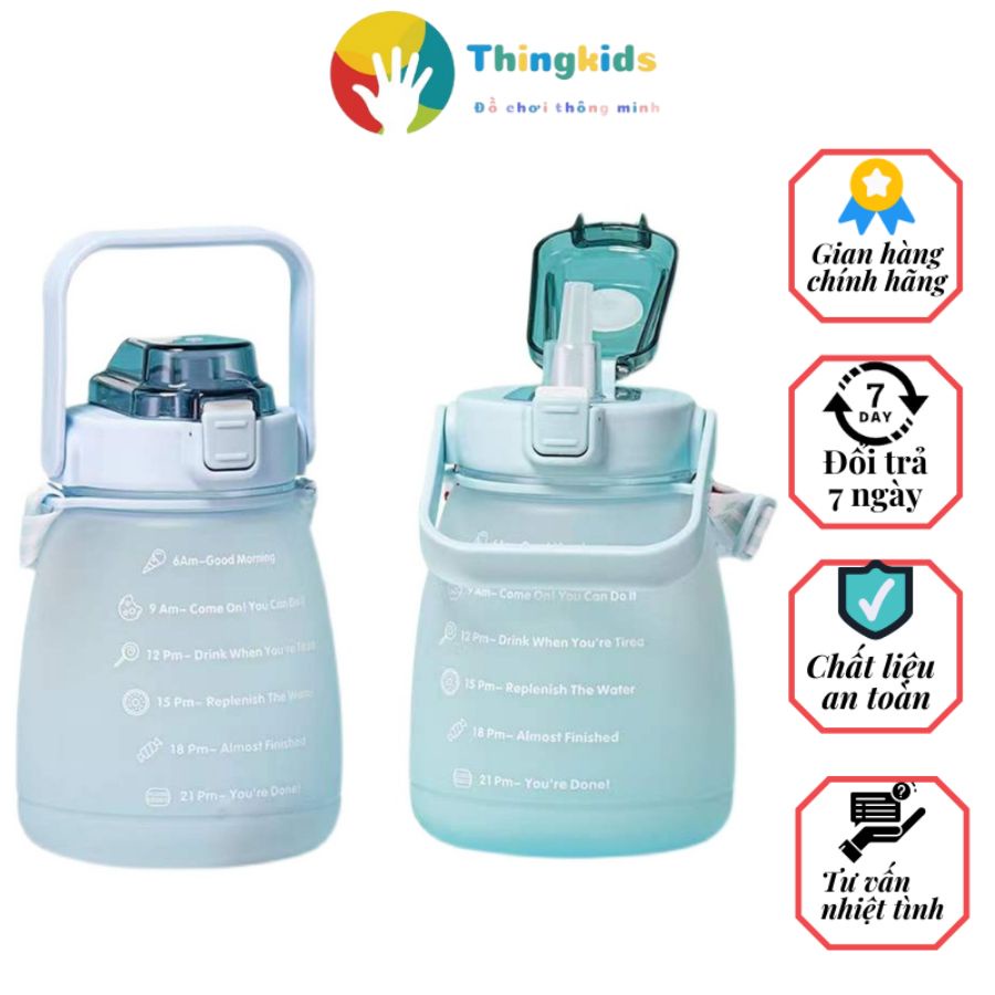 Bình Đựng Nước Dễ Thương Có Vạch Báo Giờ Uống Nước. Có uống hút - Thingkids