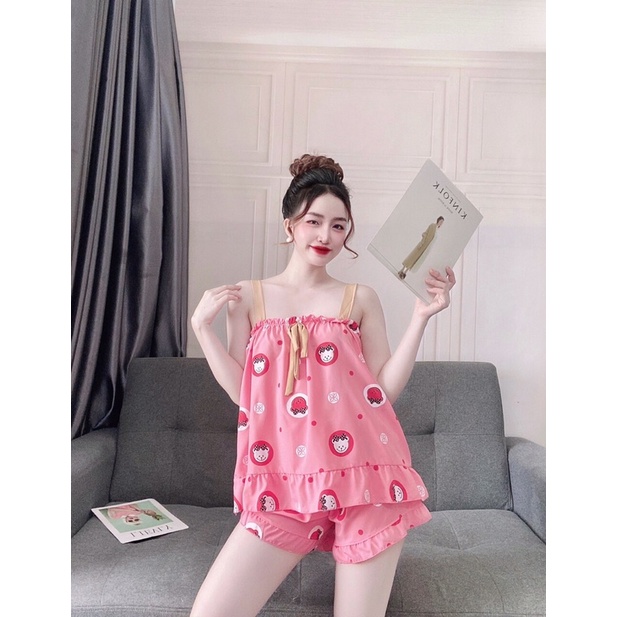 Set đồ bộ 2 dây mặc nhà chất kate lụa siêu mát freesize dưới 60 kí | BigBuy360 - bigbuy360.vn