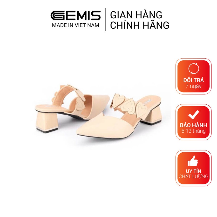 Giày cao gót nữ mũi nhọn đế vuông hở hậu quai ngang trái tim da lì 5cm GEMIS - GM00236 Kem|Đen