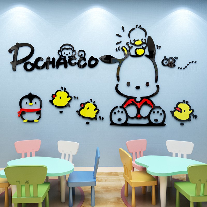 Tranh dán tường mica 3d decor khổ lớn chú chó pochacco trang trí mầm non, phòng cho bé Nhiều Size - EPeBen