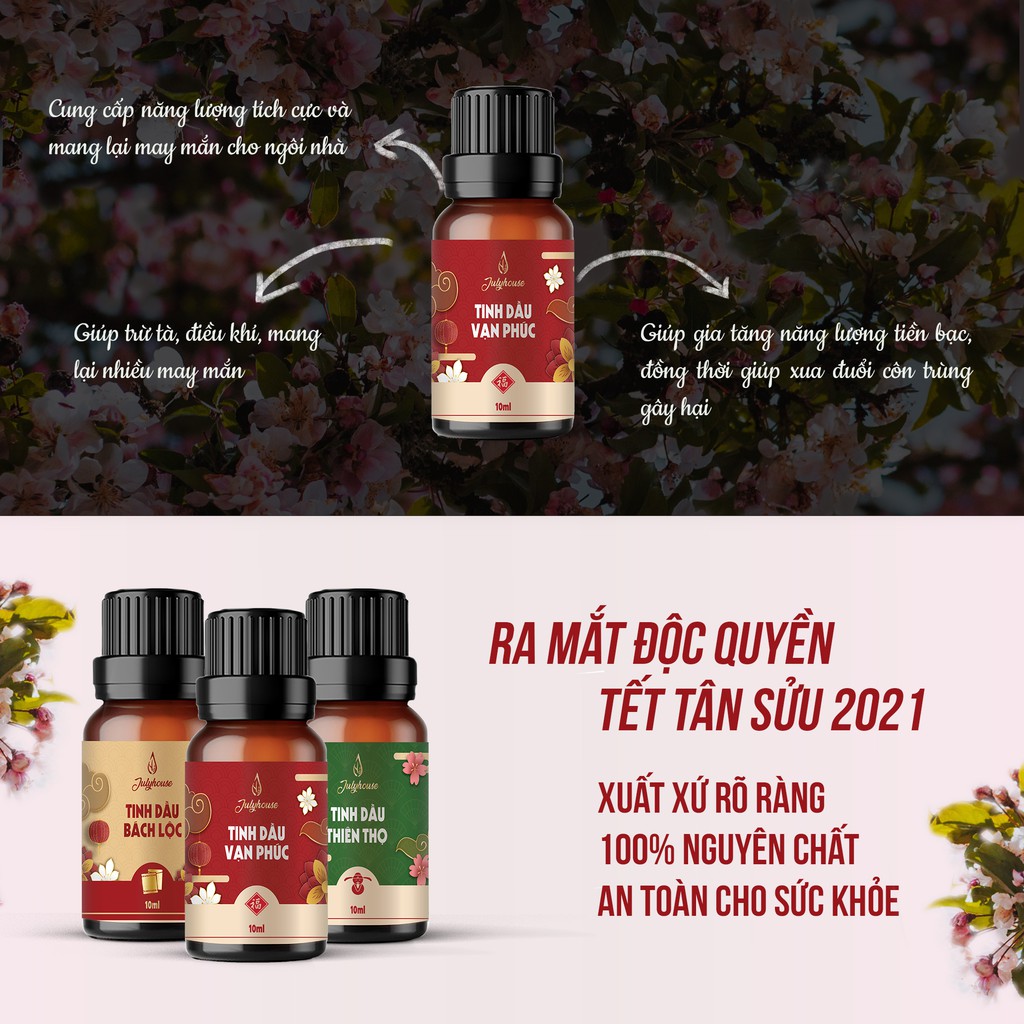 Tinh dầu Vạn Phúc 10ml JULYHOUSE hương vị Tết kết hợp tinh dầu Vỏ Bưởi, Sả Chanh, Thông và Trắc Bách Diệp
